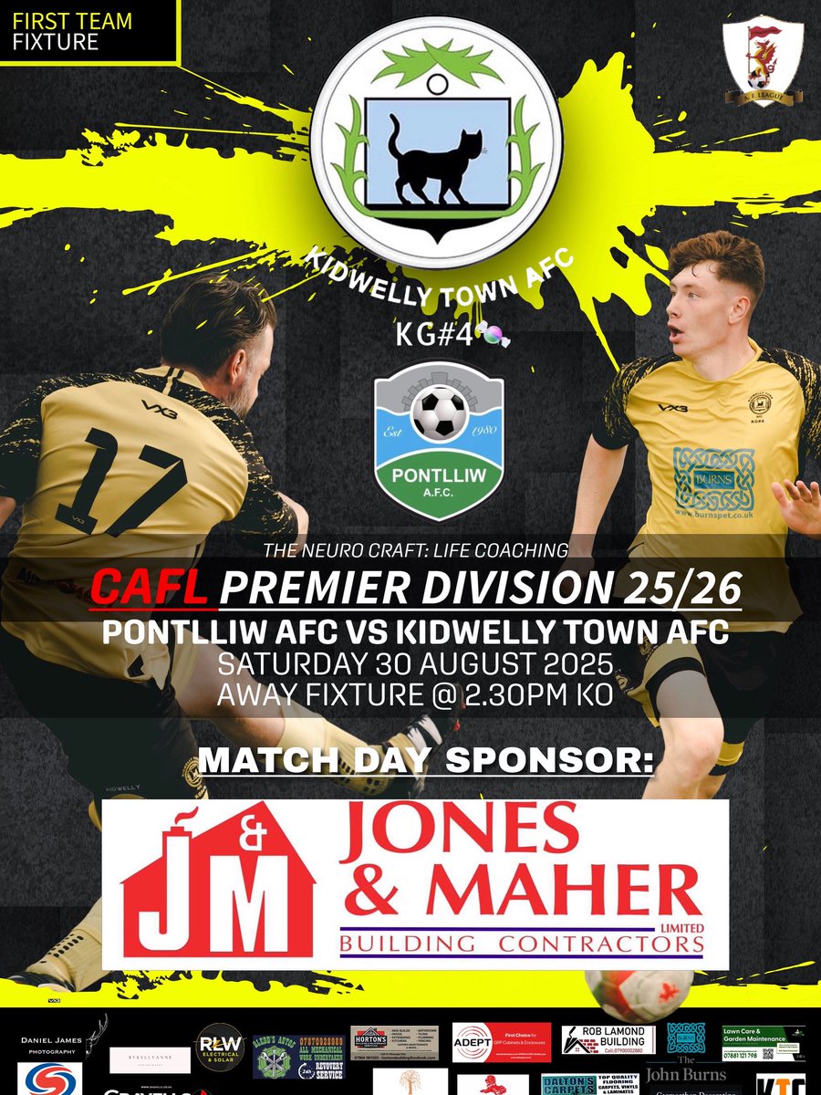 Today’s Fixture ⚽️

Our First Team brave the weather and travel to last season’s league Champions <a href="/PontlliwFC/">Pontlliw FC</a> 

All support welcome. MyG open after the game 🟡⚫️🍬

Match Day Sponsor: Jones &amp; Maher Building Contractors