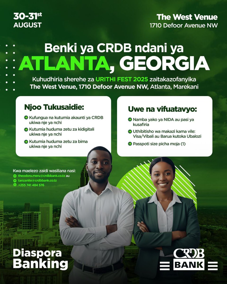 Holy (@yose_hoza) on Twitter photo Swahiba CRDB Diaspora Banking ipo Atlanta Georgia US.
Karibu ufungue akaunti, upate Kadi na huduma za Internet Banking, Simbanking,Uwekezaji, Bima n.k
Wasiliana nasi kupitia
📧Tanzanite@crdbbank.co.tz
#crdbbank
#tunakusikiliza Swahiba CRDB Diaspora Banking ipo Atlanta Georgia US.
Karibu ufungue akaunti, upate Kadi na huduma za Internet Banking, Simbanking,Uwekezaji, Bima n.k
Wasiliana nasi kupitia
📧Tanzanite@crdbbank.co.tz
#crdbbank
#tunakusikiliza
