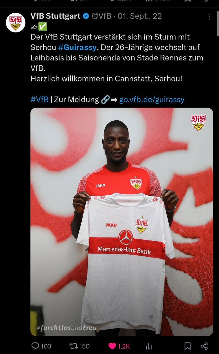 1. September 2022 - Deadline Day 

Der #VfB verpflichtet Serhou Guirassy!

Ja, schwieriger je näher zum Ende der Transferphase, aber nicht unmöglich da was gutes aus dem Hut zu zaubern 🎩✨