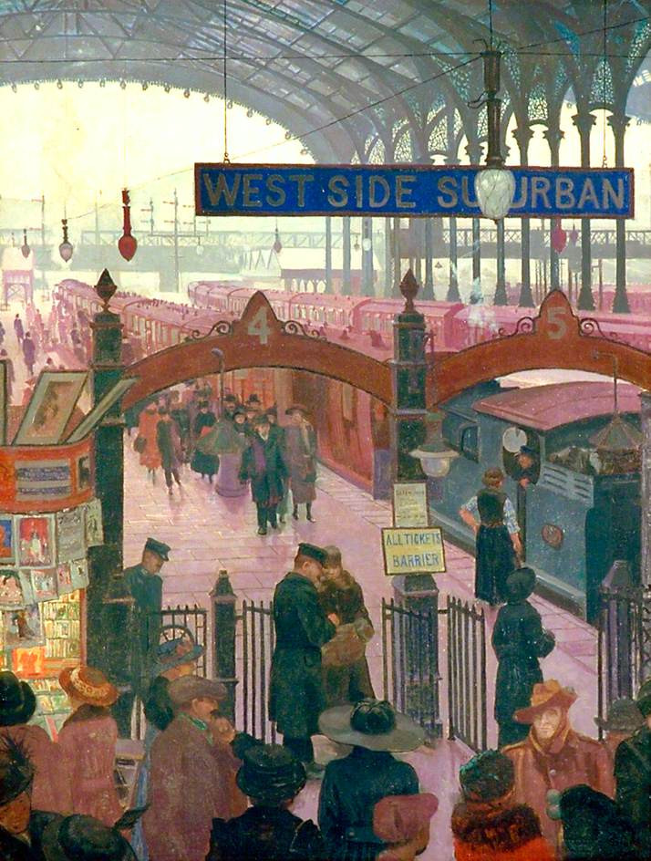 Londoners, and those well-travelled will recognise Liverpool St Station. Painted here by Marjorie Sherlock in 1917, who studied under Walter Sickert &amp; Harold Gilman.
It all hangs together rather well, even after we notice the stock &amp; platforms are pink!
#stationsaturday #London