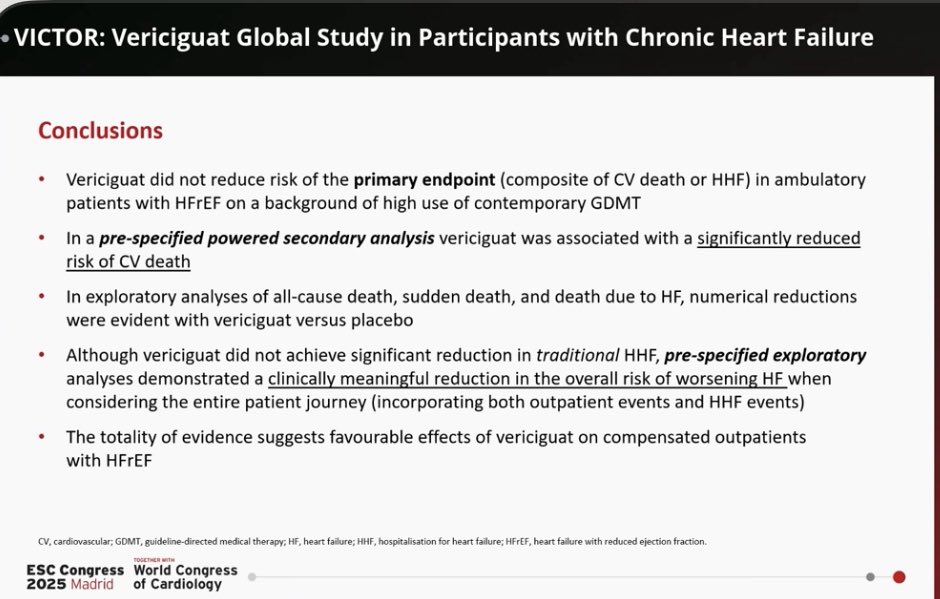 #VICTOR #ESCCongress #LBCT
🫀Vericiguat in Chronic #HFrEF
🫀population:1/2 no prior HF hospitalization, excellent GDMT
🫀 Nonetheless, no significant finding of difference of Vericiguat 🆚 Placebo
🫀did ⤵️ risk of CV death