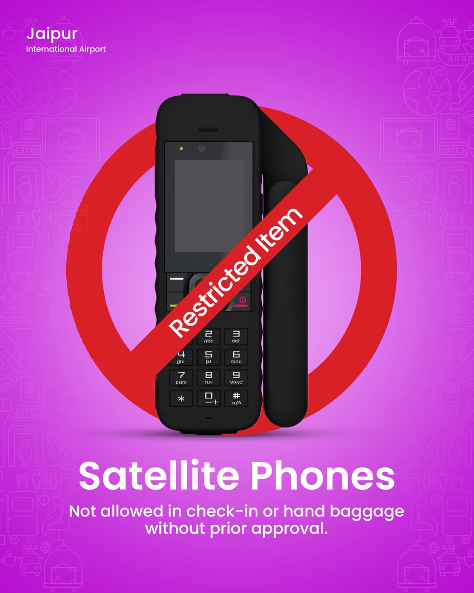 Jaipur_Airport's tweet image. Are you planning to carry a #SatellitePhone? Remember, authorisation comes first, packing comes later! As per the Department of Telecommunications (DoT), Government of India, prior approval is mandatory for all satellite phones.

BSNL-provided INMARSAT phones are allowed with