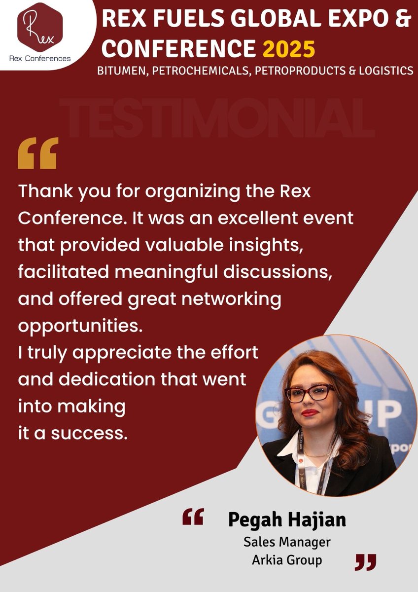 FuelsManagement's tweet photo. Heartfelt thanks to Ms. Pegah Hajian from Arkia Group for her wonderful feedback on the Rex Fuels Global Expo & Conference 2025.
#RexFuels #Bitumen #Testimonials #Networking https://t.co/pdq5mPfTqt