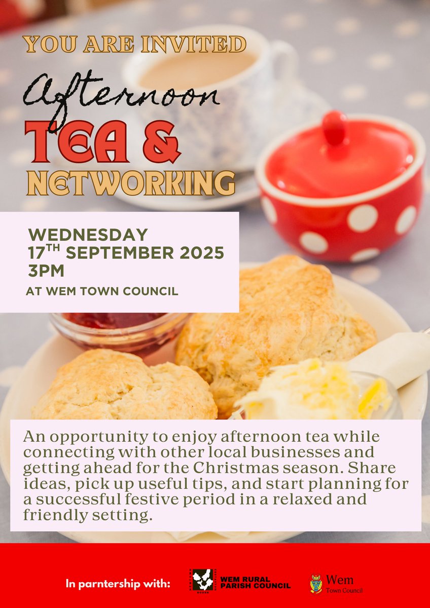 WemRuralParishC's tweet photo. 🎄 Afternoon Tea Business Networking 🎄
📅 Wed 17 Sept, 3pm
📍 Wem Library

☕ Cream tea &amp; cakes
💡 Xmas business tips
🤝 Connect with local businesses

Free (booking essential) 👉 https://t.co/l1aDVzxqiG 
#free #business #support #christmas #wem #digitalmedia #joinus https://t.co/a3OYVC26Cx