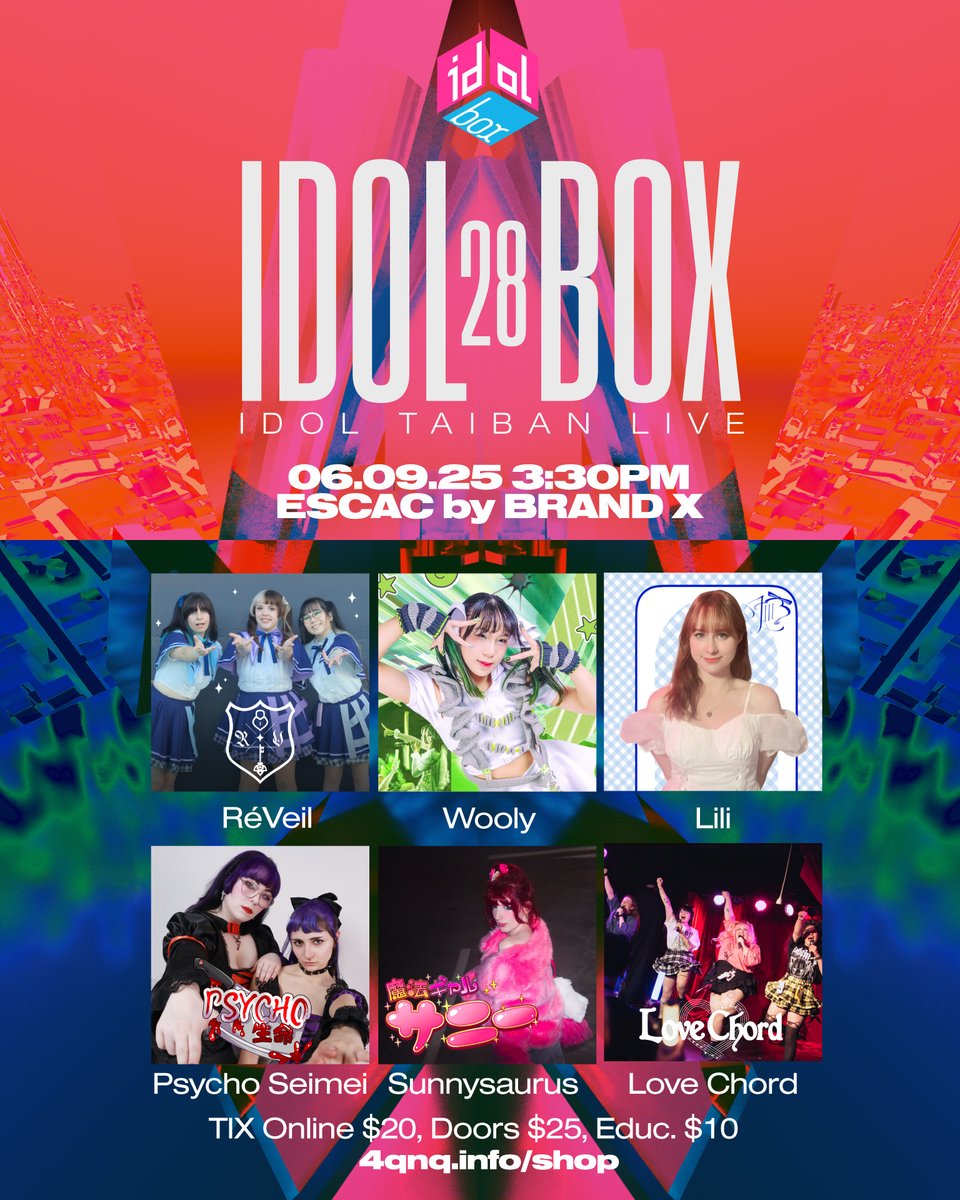 4QNQ (@4qnq_info) on Twitter photo IDOL BOX NEXUS 28 - SYDNEY J-IDOL TAIBAN LIVE
6 SEP 2025 3:30PM - TICKETS : 4qnq.info/shop
LINEUP
<a href="/Reveil_au/">RéVeil</a> 
<a href="/wooly_chan/">Wooly ウーリ🐸💚Solo Idol in Sydney</a>
<a href="/lililovechu/">Lili ♡ リリ 💙🐰</a>
@psychoseimei
<a href="/sunnyysaurus/">sunny サニー 💖⚡️☀️🦖</a>
<a href="/Lovechord_info/">Love Chord</a> IDOL BOX NEXUS 28 - SYDNEY J-IDOL TAIBAN LIVE
6 SEP 2025 3:30PM - TICKETS : 4qnq.info/shop
LINEUP
<a href="/Reveil_au/">RéVeil</a> 
<a href="/wooly_chan/">Wooly ウーリ🐸💚Solo Idol in Sydney</a>
<a href="/lililovechu/">Lili ♡ リリ 💙🐰</a>
@psychoseimei
<a href="/sunnyysaurus/">sunny サニー 💖⚡️☀️🦖</a>
<a href="/Lovechord_info/">Love Chord</a>