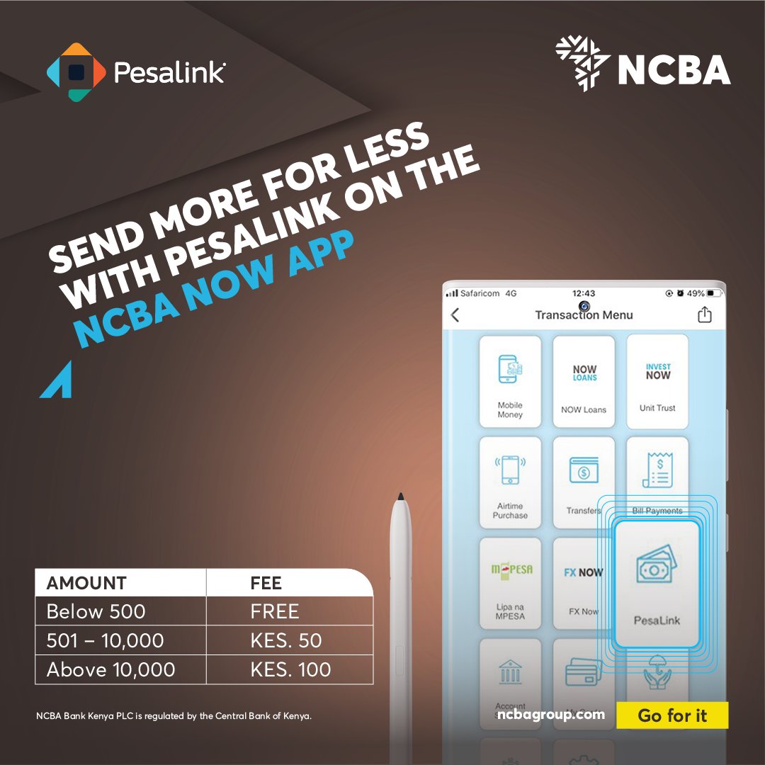Secure, instant, and effortless transfers? YES! Send &amp; receive up to KES 999,999 with PesaLink on the NCBA NOW App. It's designed for your peace of mind and ultimate convenience. Get the app todayon the App Store or Google Play Store to get started!
#Goforit #NCBATwendeMbele