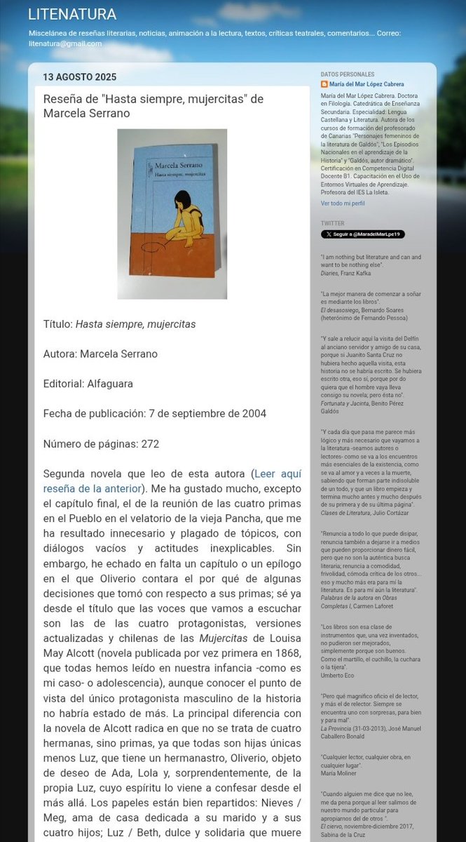 MaradelMarLpe19's tweet photo. #Reseña de "Hasta siempre, mujercitas" de Marcela Serrano en #BlogLiterario Litenatura 👇
https://t.co/78pZxZ2t99
#LecturasDeVacaciones #Literatura #Novela #MarcelaSerrano
📚 📖 🖋️ 🙋‍♀️ 🏖️ https://t.co/141fGkVYTH
