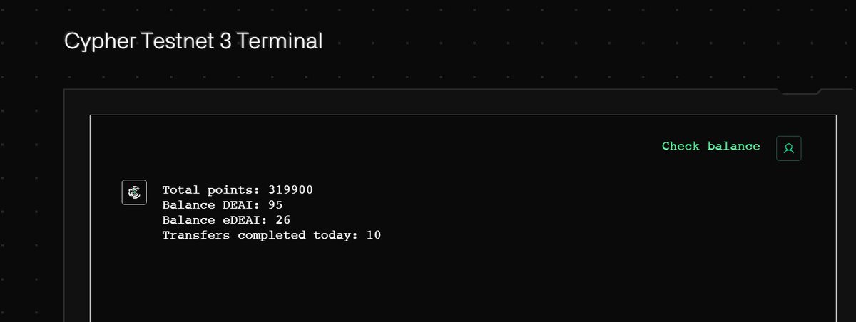 Günaydın, ☀️

📌İlk günden beri <a href="/zero1_labs/">Zero1 Labs (𝟘,𝟷)</a> için kastığımız CYPHER testnetinde bende durumlar bu şekilde. 

📌Ekip 3. epoch bittiğini ve kısa süre içerisinde son epoch başlayacığını belirtti. 

📌Yapmak istyenler için alıntıladığım posta göz atabilirsiniz. 

Bol Şanslar..  ❤️