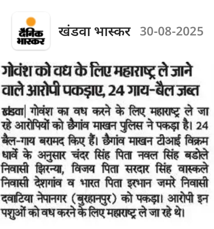 SP_Khandwa (@khandwasp) on Twitter photo थाना छैगांवमाखन पुलिस को गोवंश तस्करो को किया गिरफ्तार
एवं गोवंश तस्करों के कब्जे से कुल 24 नग गोवंश जप्त... #mppolice
<a href="/mohdept/">Home Department, MP</a>
<a href="/MPPoliceDeptt/">Madhya Pradesh Police</a>
<a href="/JansamparkMP/">Jansampark MP</a>
<a href="/DGP_MP/">DGP MP</a>
<a href="/IGP_INDORE/">IG INDORE (RURAL)</a>
<a href="/Digkhargone23/">DIG KHARGONE</a>
<a href="/projskhandwa/">PRO JS Khandwa</a> थाना छैगांवमाखन पुलिस को गोवंश तस्करो को किया गिरफ्तार
एवं गोवंश तस्करों के कब्जे से कुल 24 नग गोवंश जप्त... #mppolice
<a href="/mohdept/">Home Department, MP</a>
<a href="/MPPoliceDeptt/">Madhya Pradesh Police</a>
<a href="/JansamparkMP/">Jansampark MP</a>
<a href="/DGP_MP/">DGP MP</a>
<a href="/IGP_INDORE/">IG INDORE (RURAL)</a>
<a href="/Digkhargone23/">DIG KHARGONE</a>
<a href="/projskhandwa/">PRO JS Khandwa</a>