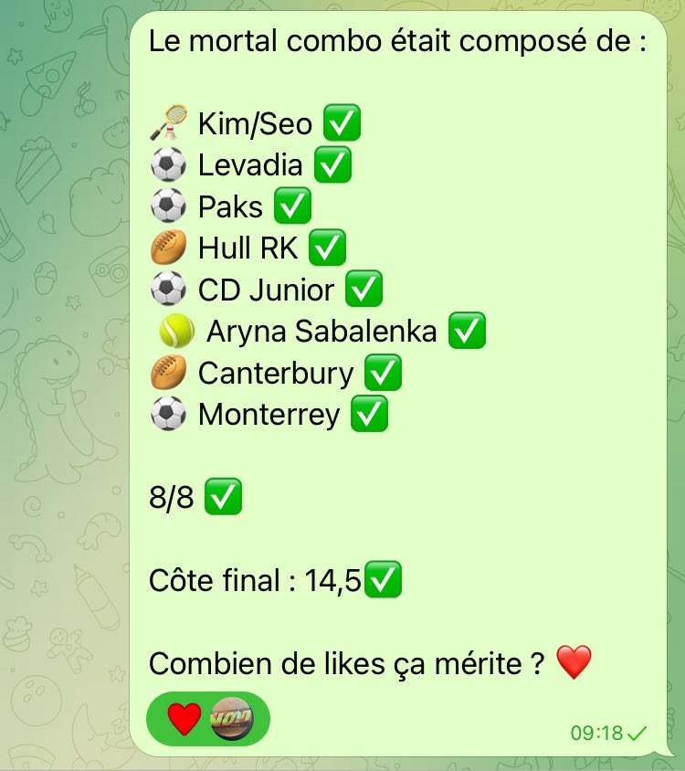 NOI7PRONOS's tweet photo. On vient de passer une cote à 14 sur le Télégram de @JSMProno ✅

Ça mérite combien de likes ? ❤️

#TeamParieur #MortalCombo https://t.co/KYtpwLQPY5