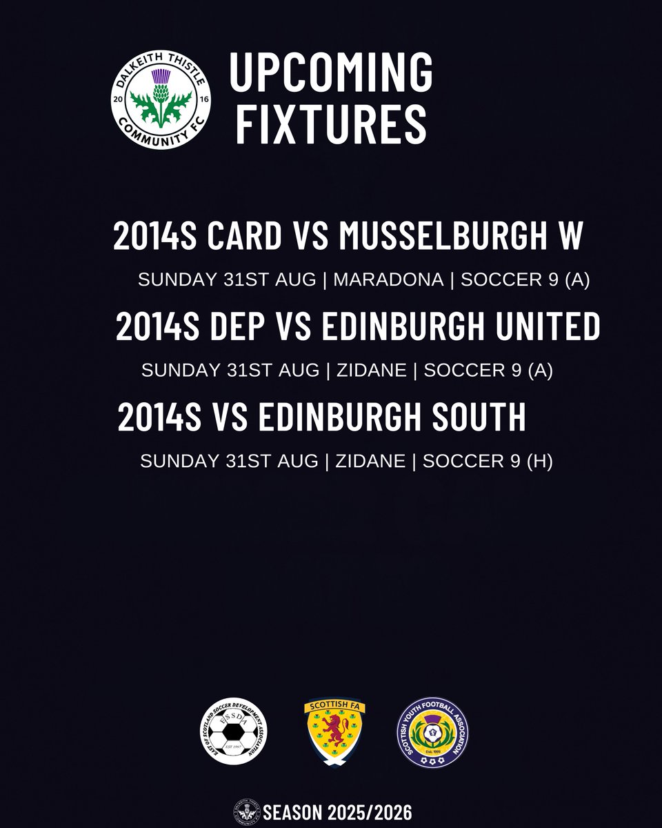 DalkeithCFC's tweet image. ⚫️⚪️ Sunday Football is here!

Another busy day ahead for our Dalkeith Thistle @ESSDAfootball squads as they take to the pitch this weekend. 

Best of luck to every team playing today. Enjoy it and give it your all!

#DalkeithThistle #ESSDA
