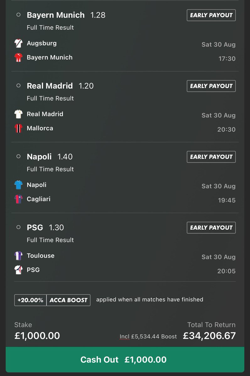 SATURDAY WIN ACCA ⚽️

£1000 returns £34K 🤯💷

I’ll #giveaway £1000 to 3 people who LIKE &amp; RT this (Must follow <a href="/BetBibleTips/">Bet Bible</a> )✅

GOOD LUCK!💪🏽