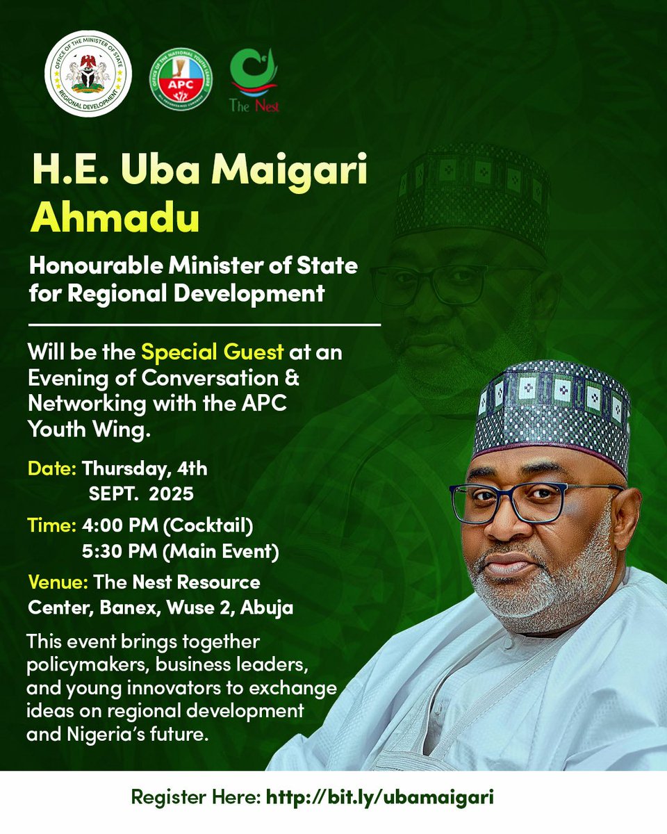 H.E. Uba Maigari Ahmadu, Honourable Minister of State for Regional Development, will be the Special Guest at an Evening of Conversation &amp; Networking with <a href="/apcngyouthwing/">Progressive Youth Wing</a> 

🔗 Register to attend: bit.ly/ubamaigari