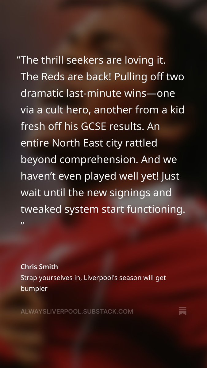 Saturday morning reading on Always Liverpool. On Liverpool’s bumpy but somehow unscathed start to the season. Big one tomorrow!

open.substack.com/pub/alwayslive…