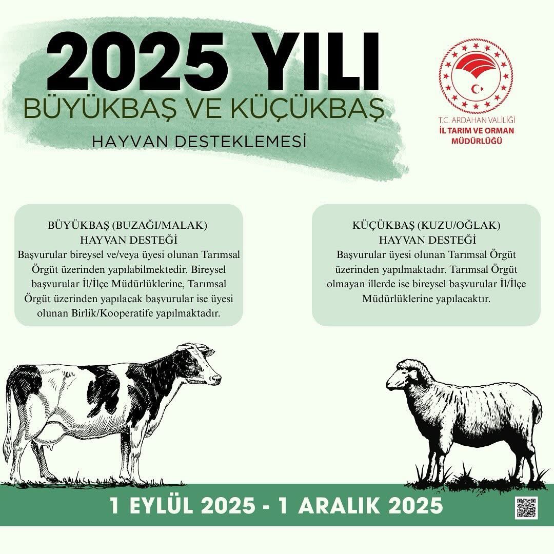 Ardahan İl Tarım ve Orman Müdürlüğü (@ardahantarim) on Twitter photo Üreticilerimizin Dikkatine !
Küçükbaş Kuzu/Oğlak Hayvan Desteği ve Büyükbaş Buzağı/Malak Hayvan Desteği Başvuruları Başlamıştır.
Başlangıç tarihi: 1 Eylül 2025
Bitiş tarihi : 1 Aralık 2025
<a href="/TCTarim/">T.C. Tarım ve Orman Bakanlığı</a> <a href="/ibrahimyumakli/">İbrahim Yumaklı</a> <a href="/ArdahanValiligi/">Ardahan Valiliği</a> <a href="/fatih_cineviz/">Fatih Cineviz</a> Üreticilerimizin Dikkatine !
Küçükbaş Kuzu/Oğlak Hayvan Desteği ve Büyükbaş Buzağı/Malak Hayvan Desteği Başvuruları Başlamıştır.
Başlangıç tarihi: 1 Eylül 2025
Bitiş tarihi : 1 Aralık 2025
<a href="/TCTarim/">T.C. Tarım ve Orman Bakanlığı</a> <a href="/ibrahimyumakli/">İbrahim Yumaklı</a> <a href="/ArdahanValiligi/">Ardahan Valiliği</a> <a href="/fatih_cineviz/">Fatih Cineviz</a>