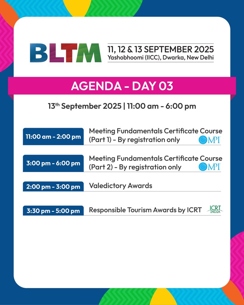 BLTMIndia's tweet photo. From curated networking and high-level panels to India’s first MPI certification, BLTM 2025 is where MICE and bleisure leaders connect, learn, and shape what’s next.

11–13 Sept, Yashobhoomi, New Delhi

Register: https://t.co/W2TaO1ZYyT

#BLTM2025 #MICEIndia https://t.co/WUpD1vDW8W
