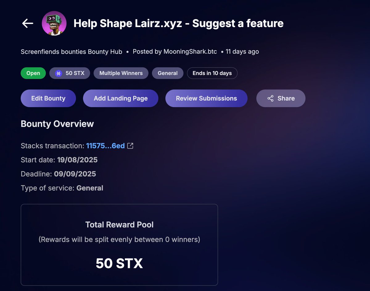 MooningShark.btc (@mooningsharkart) on Twitter photo GM
Don't stop shipping your ideas to shape Lairz, the new linktree-like tool for <a href="/Stacks/">stacks.btc</a>, and compete to get a share of the 50 STX pool prize π₯
10 entries so far, still 10 days to participate
Take a look at existing submissions to find inspiration.
<a href="/zeroauthdao/">Zero Authority DAO πΉ</a> GM
Don't stop shipping your ideas to shape Lairz, the new linktree-like tool for <a href="/Stacks/">stacks.btc</a>, and compete to get a share of the 50 STX pool prize π₯
10 entries so far, still 10 days to participate
Take a look at existing submissions to find inspiration.
<a href="/zeroauthdao/">Zero Authority DAO πΉ</a>