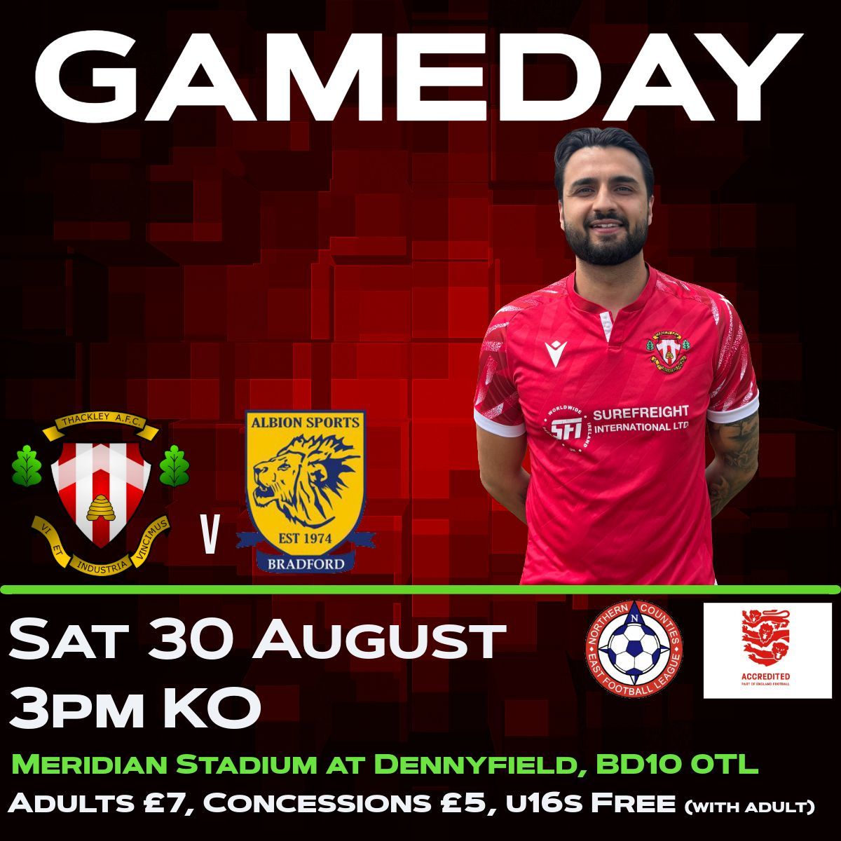 ThackleyAFC's tweet image. 𝗚𝗔𝗠𝗘𝗗𝗔𝗬 🔴⚪

We are back at the Meridian Stadium at Dennyfield with the first Bradford derby of the season 🆚 Albion Sports!

We hope you can join us to support the team.

Thank you to our Match Sponsor, Torus Construction &amp;amp; Ball Sponsors, Craig &amp;amp; Simon

#ThackleyAFC
