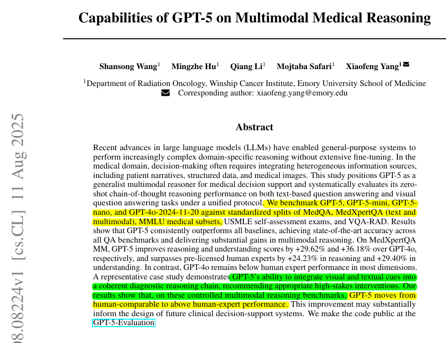 rohanpaul_ai's tweet photo. 📢 MASSIVE: This new paper proved GPT-5 (medium) now far exceeds (>20%) pre-licensed human experts on medical reasoning and understanding benchmarks.

GPT-5 beats human experts on MedXpertQA multimodal by 24.23% in reasoning and 29.40% in understanding, and on MedXpertQA text by 15.22% in reasoning and 9.40% in understanding. 🔥

It compares GPT-5 to actual professionals in good standing and claims AI is ahead.

GPT-5 is tested as a single, generalist system for medical question answering and visual question answering, using one simple, zero-shot chain of thought setup.

⚙️ The Core Concepts

The paper positions GPT-5 as a generalist multimodal reasoner for decision support, meaning it reads clinical text, looks at images, and reasons step by step under the same setup. 

The evaluation uses a unified protocol, so prompts, splits, and scoring are standardized to isolate model improvements rather than prompt tricks.

---

My take: The medical sector takes one of the biggest share of national budgets across the globe, even in the USA, where it surpasses military spending. 

Once AI or robots can bring down costs, governments everywhere will quickly adopt them because it’s like gaining extra funds without sparking political controversy.