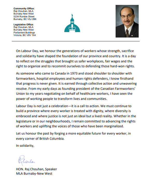 rajchouhan's tweet image. From farmworkers to frontline heroes, we honour those who built BC through strength and solidarity. Let’s keep fighting for dignity, equity and justice for every worker. #LabourDay #SolidarityForever #BCPoli #BurnabyNewWestminster