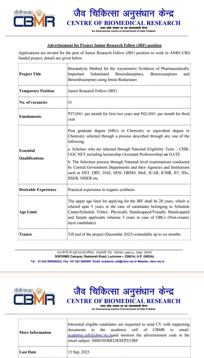 We have a project JRF position in our lab sponsored by ANRF. Interested candidates with background in chemical sciences are encouraged to apply. For more on the work visit  husainlab.net <a href="/HusainLab/">Biocatalysis Lab</a> last date is September 15, 2025.