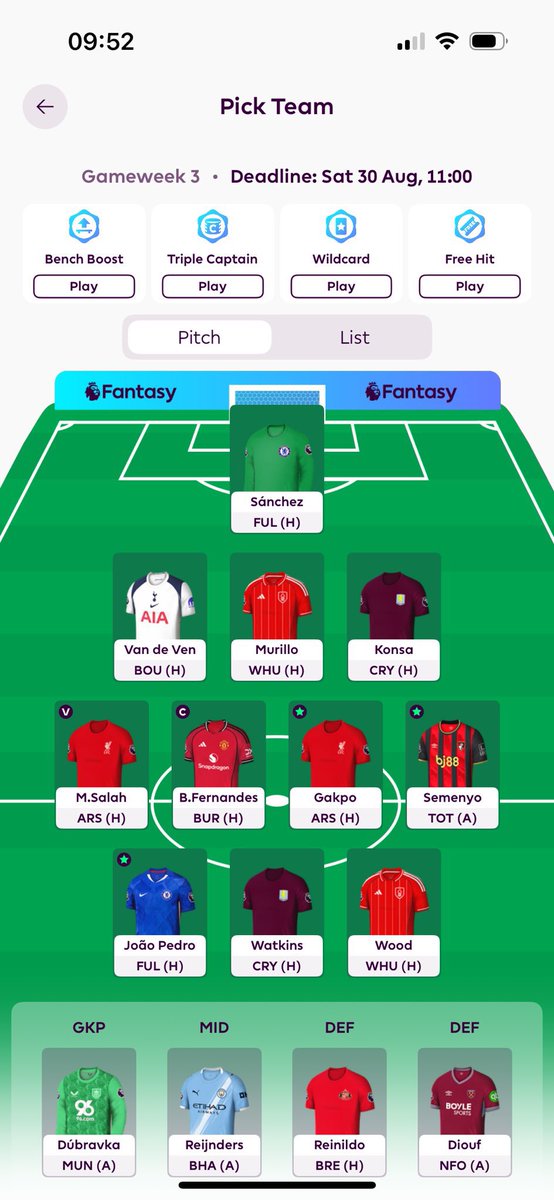 🔐 GW3 team

Palmer ➡️ Semenyo
Guiu ➡️ Wood (2 FTs)

🧢 Fernandes

🌎 2.3m OR

Good luck everyone! #FPL #FPLCommumity