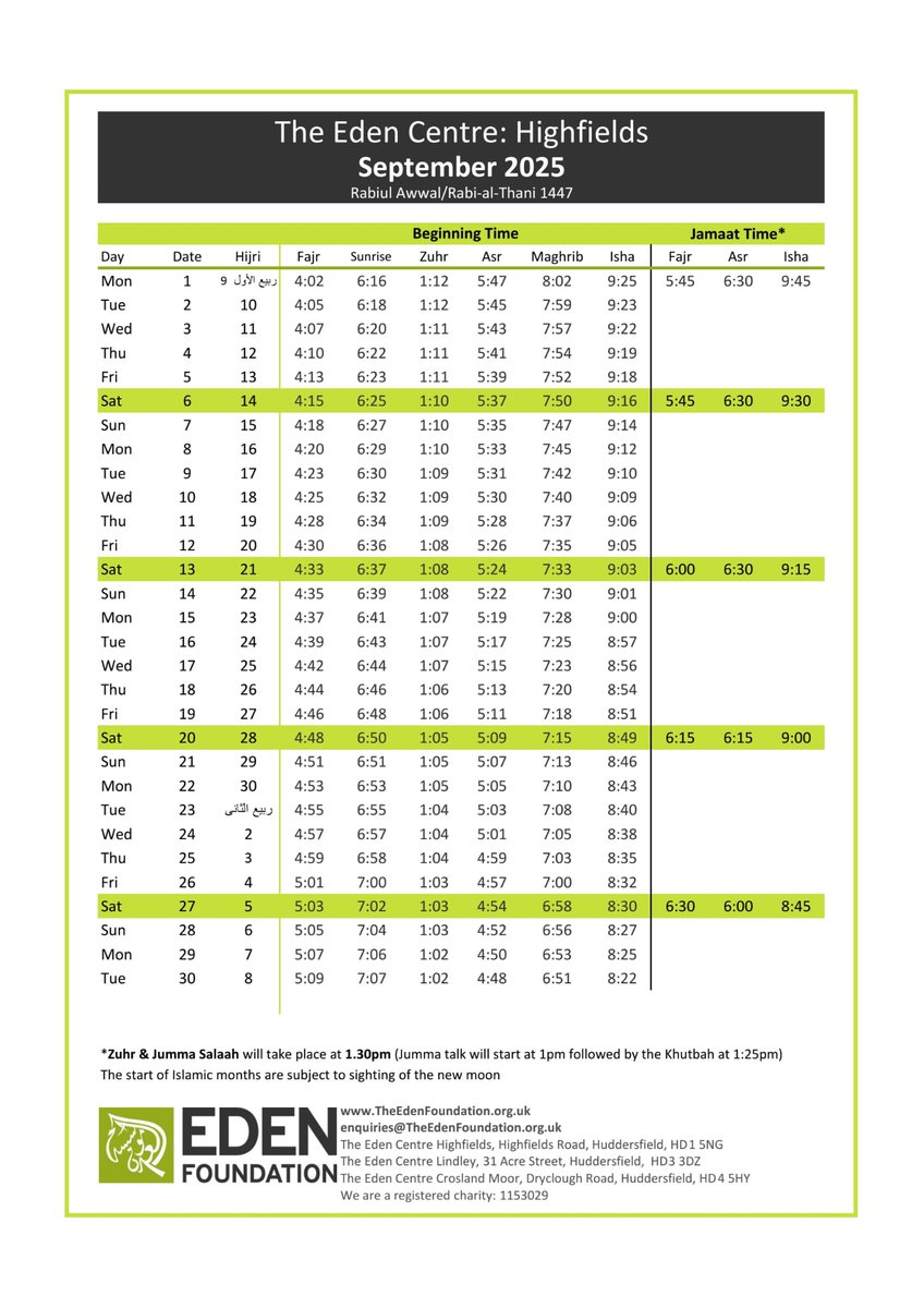 TEFHudds's tweet image. September 2025 Timetable 
#edenfoundation #EdenCentre #Highfields