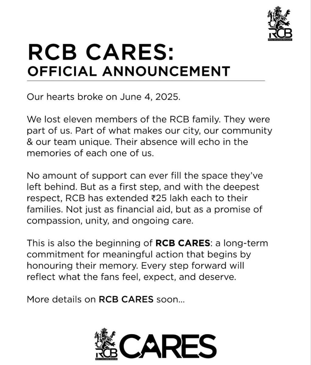 PritiThaku53390's tweet image. 🚨 RCB ANNOUNCED 25 LAKHS TO EACH FAMILY WHO HAVE LOST THEIR LOVED ONES IN BENGALURU INCIDENT 🚨

#INDvsENGTest #BCCI #ICC #INDvsENG #cricket #Indiancricketer #IndianCricket #IndianCricketTeam #TeamIndia #RCB