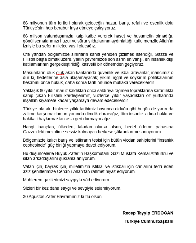 Sayın Cumhurbaşkanımızın 30 Ağustos Zafer Bayramı Mesajı