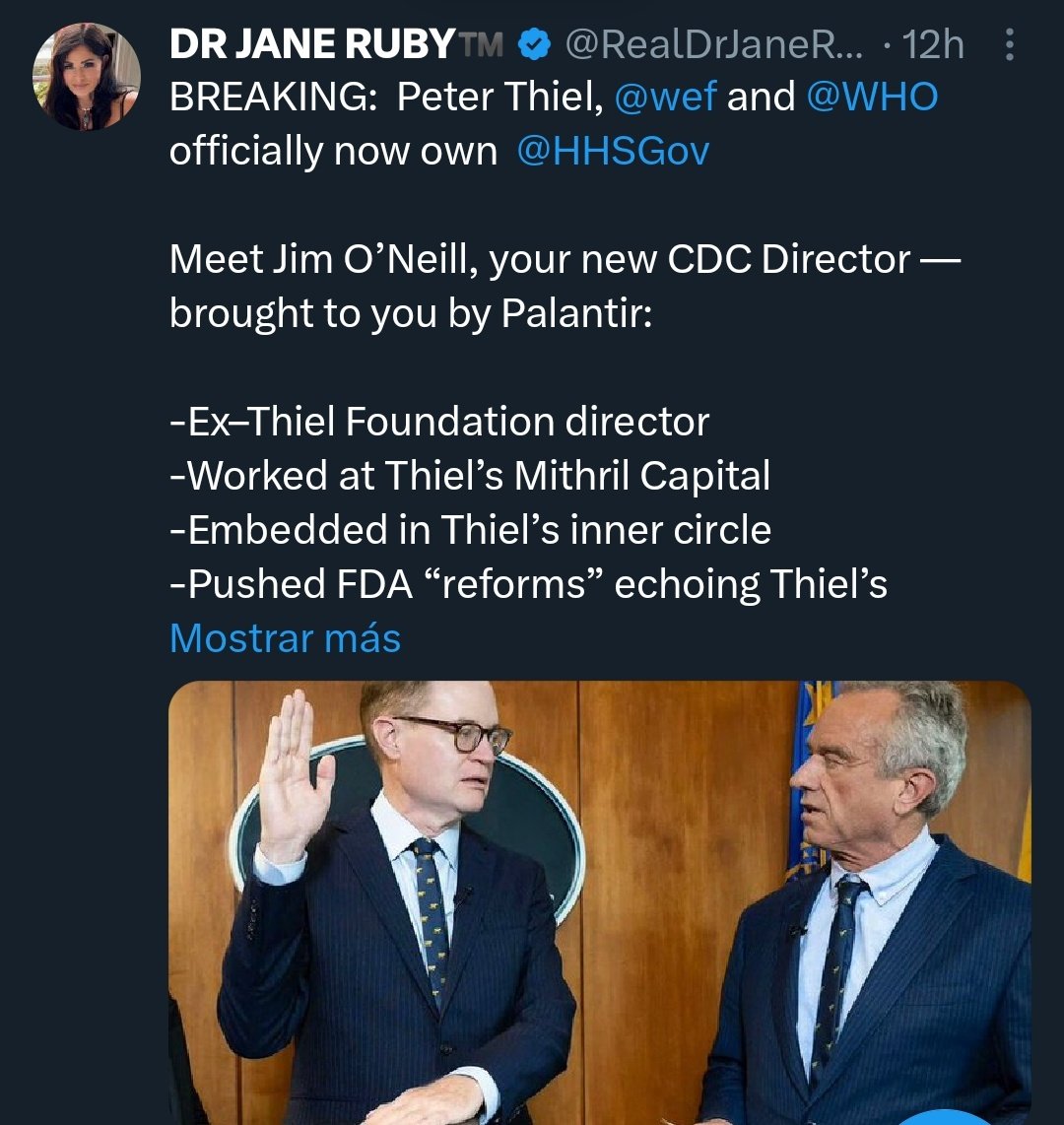 ¿Os acordáis cuando hace unos programas hablamos de cómo Robert F Kennedy es una estafa? Pues todo queda confirmado con este nombramiento vía <a href="/RealDrJaneRuby/">DR JANE RUBY™️</a>
que lo une a Palantir. Todo confluye en  Peter Thiel.

ivoox.com/utp377-robert-…