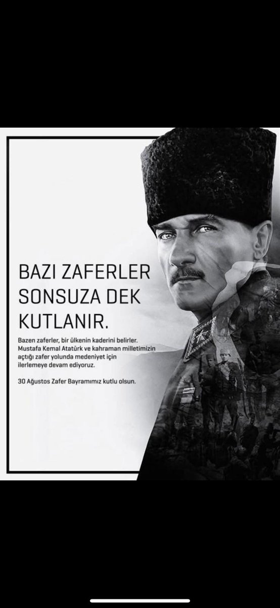 "ZAFER "ZAFER BENİMDİR' DİYEBİLENİNDİR."
İnancın zaferi 30 Agustos Zafer Bayrami kutlu olsun!
Gazi Mustafa Kemal Atatürk basta olmak üzere istiklâI uğruna kendi istikbalinden vazgecen tüm kahramanlarımızı saygı ve minnetle anıyoruz.