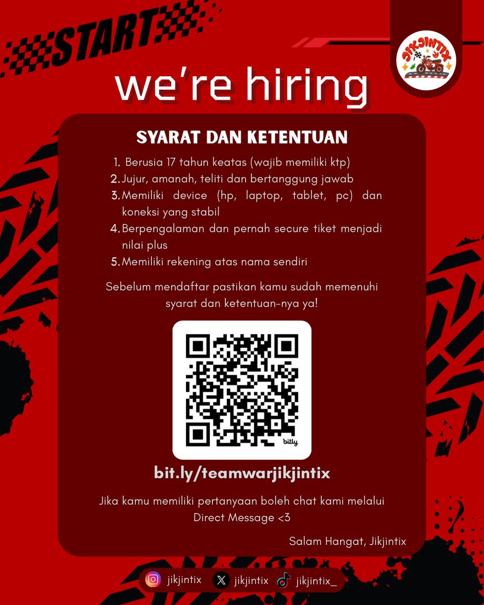 jikjintix's tweet photo. WE'RE HIRING TEAM WAR BY JIKJINTIX ۫ ꣑ৎ
hi! jikjintix membuka kesempatan untuk kamu yang berpengalaman war tiket atau yang mau mulai war tiket😉
fee start from 50k - 200k
🔗 : https://t.co/jufRxakNxk
any questions feel free to DM us! (@) after mention 🤍
#freelance #timwar https://t.co/O94jQwopA7