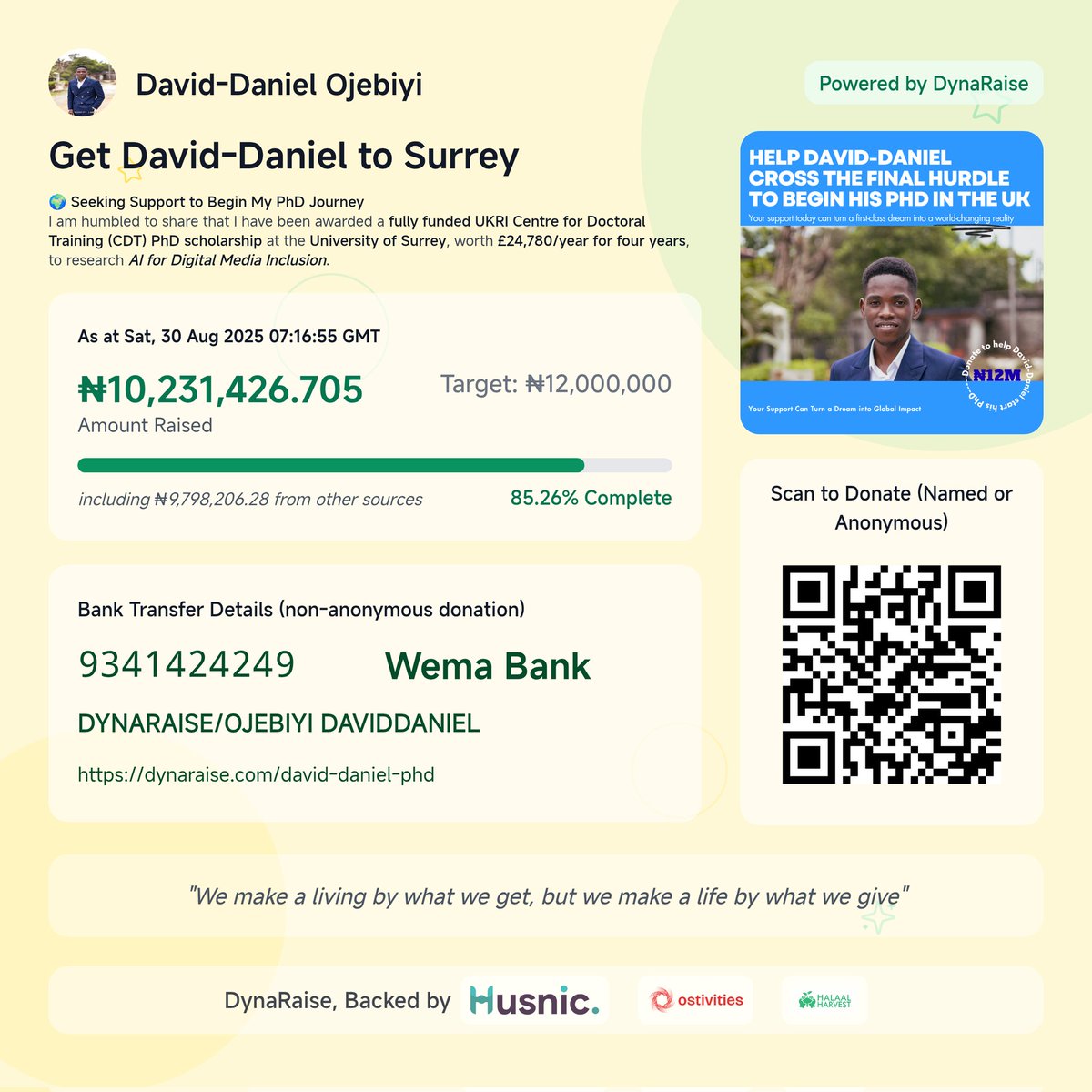 TheDDO (@ojebiyidaniel) on Twitter photo Weโve hit 85.26% of my PhD fundraiser goal.
Your support means Iโm one step closer to starting my research in AI for Digital Media Inclusion at Surrey.
Links: 
Dynaraise - dynaraise.com/david-daniel-pโฆ
GoFundME - gofund.me/12c79fed
Please, keep sharing. Weโve hit 85.26% of my PhD fundraiser goal.
Your support means Iโm one step closer to starting my research in AI for Digital Media Inclusion at Surrey.
Links: 
Dynaraise - dynaraise.com/david-daniel-pโฆ
GoFundME - gofund.me/12c79fed
Please, keep sharing.