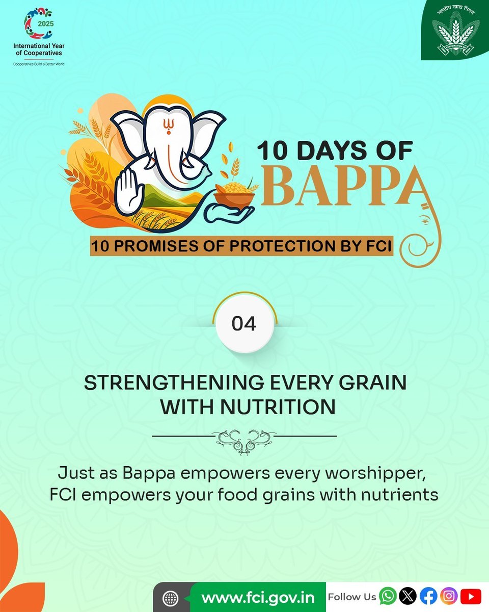 FCI’s fortified rice, enriched with iron, folic acid, and vitamin B12, empowers foodgrains with nutrients—nourishing millions and building a stronger India.

#10DaysOfBappa #GaneshUtsav #India
