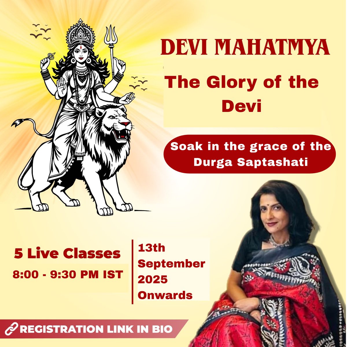 6amiji's tweet image. #NewCourse #DeviMahatmya
As we prepare to celebrate Navaratri, let&apos;s immerse in the grace of the Devi by studying the Devi Mahatmya
(Durga Saptashati)
5 Live Sessions on Sep - 13, 14, 19, 20 and 21. 
Time 8:00PM - 9:30PM IST. Registration &amp;amp; details
amiganatra.graphy.com/courses/DEVI-M…