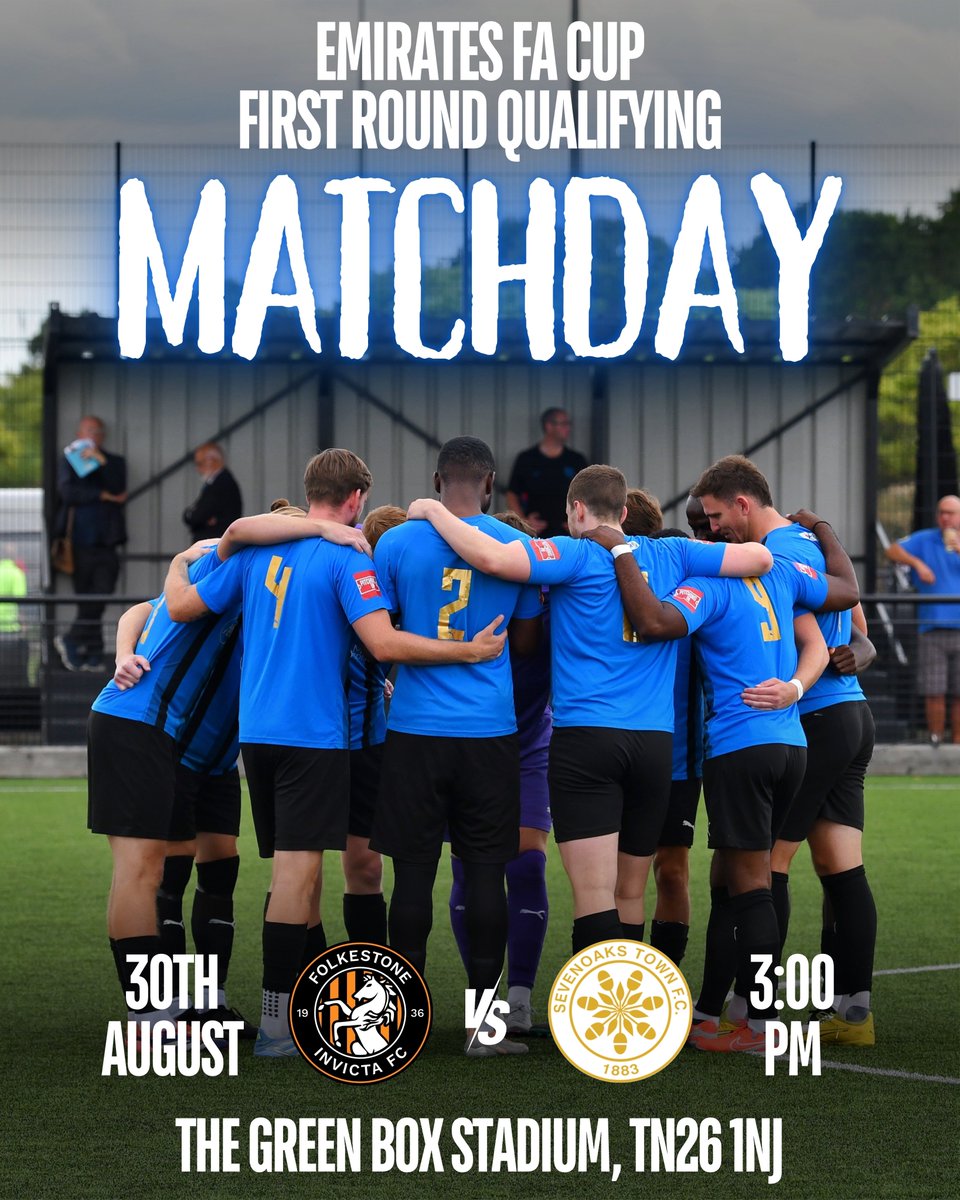SevenoaksTownFC's tweet photo. Ladies and Gentlemen…. IT’S MATCHDAY! ⚽️

🆚 Folkestone Invicta 
⌚️ 3pm
🏟️ The Green Box Stadium, TN26 1NJ*
🎫 Adults £15, Concessions £12, 11-17 £8, U11s Free
🏆 Emirates FA Cup First Round Qualifying 

* Please note this game is being played at Ashford United’s stadium 

🔵⚫️ | #Sevenoaks #STFC #EmiratesFACup