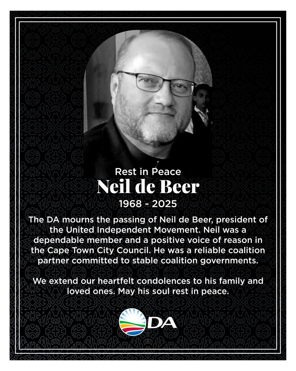 🕊️| The DA mourns the passing of Neil de Beer, president of the UIM. Neil was a dependable member and a positive voice of reason in the Cape Town Council.  He was a reliable partner committed to stable coalitions.

We extend our heartfelt condolences to his family and loved ones.