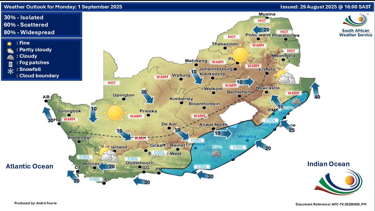 SCP_SECURITY's tweet image. Extended weather forecast for Sunday and Monday, 31 August 2025 - 01 September 2025 ⛅

Fine and cool to warm but hot in the east, becoming partly cloudy with light rain and showers in places.

#SAWS #SAWEATHER #WEATHEROUTLOOK #WEATHER