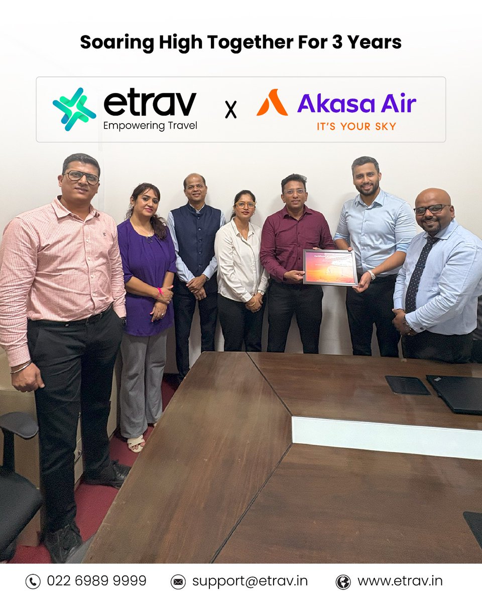 ETravTravelAPI's tweet image. 🌟 Celebrating 3 Years with Akasa Air! 🌟
🚀A partnership built on trust, growth, and shared vision. Here’s to many more years of collaboration and success together!✈️
#etrav #akasaair #partnerships #travelindustry #businessgrowth #collaboration #aviationindustry