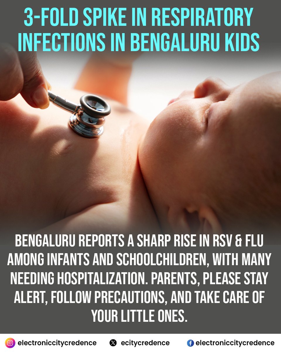 ecitycredence's tweet image. Health Alert 🚨
Doctors warn of a 3x increase in respiratory infections like RSV &amp;amp; flu among infants and schoolkids in Bengaluru. Many cases need hospital care.
👉 Parents, stay vigilant and take extra care of children this season.
#BengaluruHealth #ParentsAlert #FluSeason