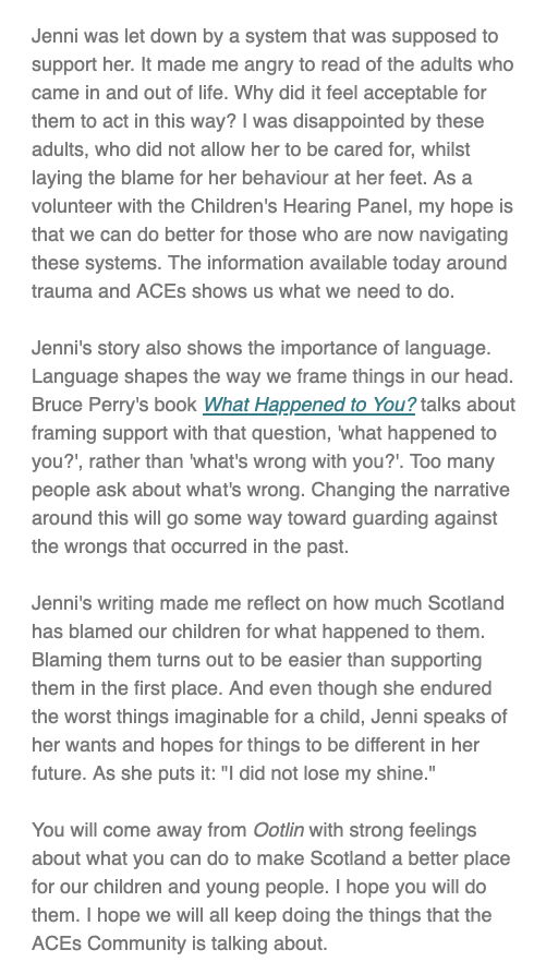 Guess what else is out in this morning's Trauma Arts Review from #ACEsActionCommunity? A review by Tess Hamilton <a href="/tessp1971/">Tess Hamilton 11 💜</a> of Jenni Fagan's stunning memoir of being in care: Ootlin. <a href="/ThePromiseScot/">The Promise Scotland</a> <a href="/fionalarkin13/">Fiona Larkin</a> <a href="/lathan_miss/">Sarah Lathan</a> <a href="/suzanne30140549/">Suzanne Scott</a>
