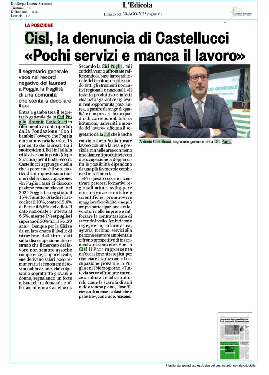 #30agosto 
#giovani #istruzione #disoccupazione #lavoro oggi su <a href="/ledicola_it/">L'Edicola</a> intervento del segretario generale #CislPuglia Antonio Castellucci