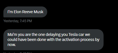 Hi <a href="/elonmusk/">Elon Musk</a>  I wanted to let you know that <a href="/TeslaGiveaway94/">Tesla Giveaway 🚀</a>  has been sending me DM saying that they are you &amp; that I won a Tesla but I have to pay them $200 to activate the car before they will deliver it to me lol This has been going on for days