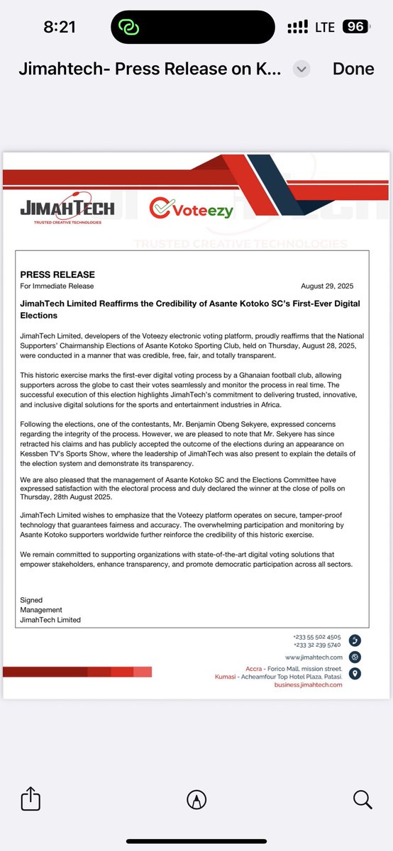 voteezy's tweet image. PRESS RELEASE
For Immediate Release August 29, 2025

JimahTech Limited Reaffirms the Credibility of Asante Kotoko SC’s First-Ever Digital
Elections