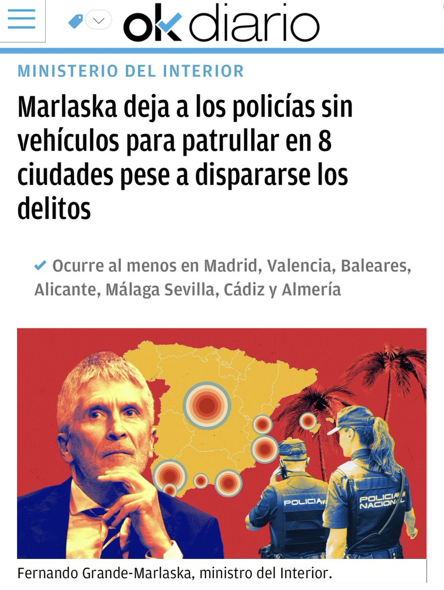 JupolNacional's tweet image. 🚔La saga tercermundista “PATRULLEROS SIN PATRULLA” de #marlaska se amplía afectando a ciudades como Madrid, Alicante, Valencia, Sevilla, Cádiz, Baleares, Málaga y Almería.

🆘Este falta de vehículos no solo la sufren los #policías, también los CIUDADANOS mientras los delitos MÁS…