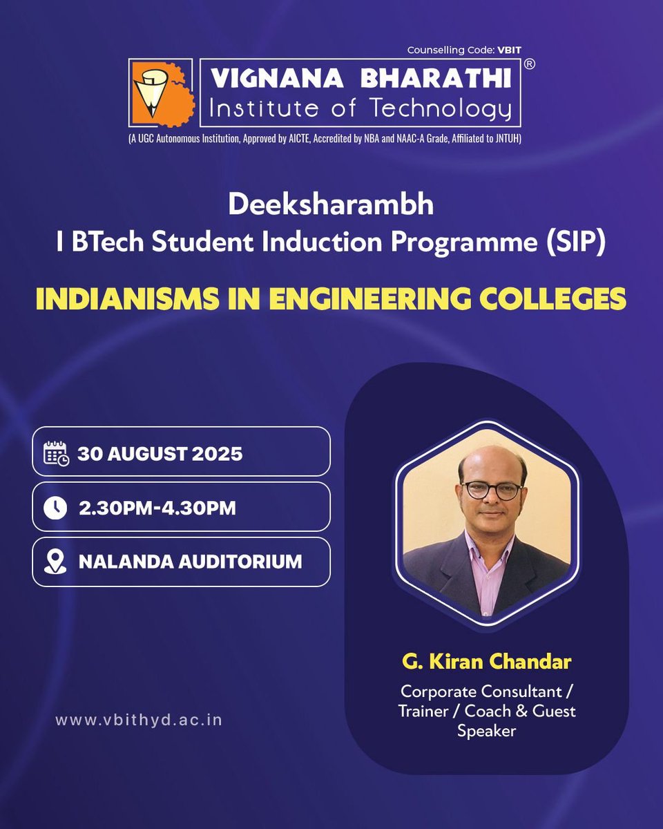VBITHYD's tweet image. 𝐃𝐞𝐞𝐤𝐬𝐡𝐚𝐫𝐚𝐦𝐛𝐡 𝟐𝟎𝟐𝟓 – 𝐒𝐭𝐮𝐝𝐞𝐧𝐭 𝐈𝐧𝐝𝐮𝐜𝐭𝐢𝐨𝐧 𝐏𝐫𝐨𝐠𝐫𝐚𝐦𝐦𝐞 (𝐒𝐈𝐏)
🌐vbithyd.ac.in
➡ UGC Autonomous
➡ NAAC &quot;A&quot; Grade
➡ NBA Accreditation
➡ JNTUH Affiliation

#VBIT #StudentInductionProgramme #Deeksharambh2025 #EngineeringExcellence