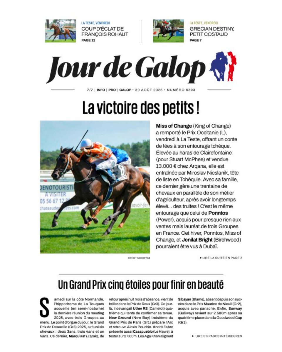 🗞️ Miss of Change, la victoire des petits • Rohaut signe le triplé à La Teste • Karama del Roc, un premier Groupe • Grand Prix de Deauville : 6 partants pour un Gr2 cinq étoiles • Dreamliner et Devil’s Point au Quincey 
➕ jourdegalop.com