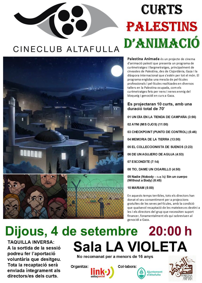 📢 Crida a la Solidaritat amb #Gaza

L'activitat "Projecció de Curtmetratges Palestins" del dijous 4-S ha quedat exclosa del programa de festes d'#Altafulla.

Enfront del #Genocidi, no podem callar ni mirar cap a un altre costat. La difusió és clau per trencar el silenci.