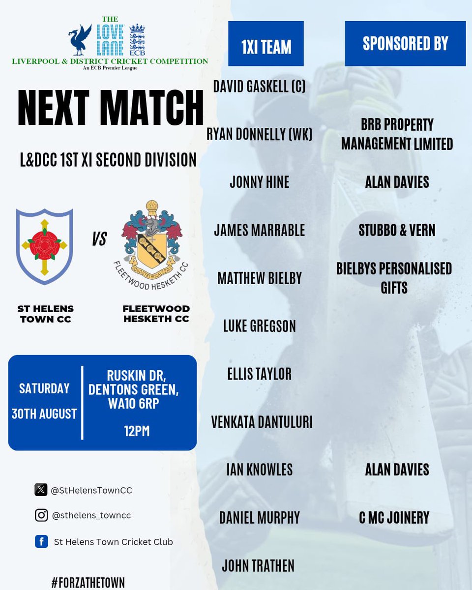 Team news for today’s 1st XI match as we host <a href="/fhcricketclub/">Fleetwood Hesketh CC</a> at Ruskin Drive.

The 2nd XI are away against the same opposition.

Both sides are looking to continue their unbeaten runs.

#ForzaTown