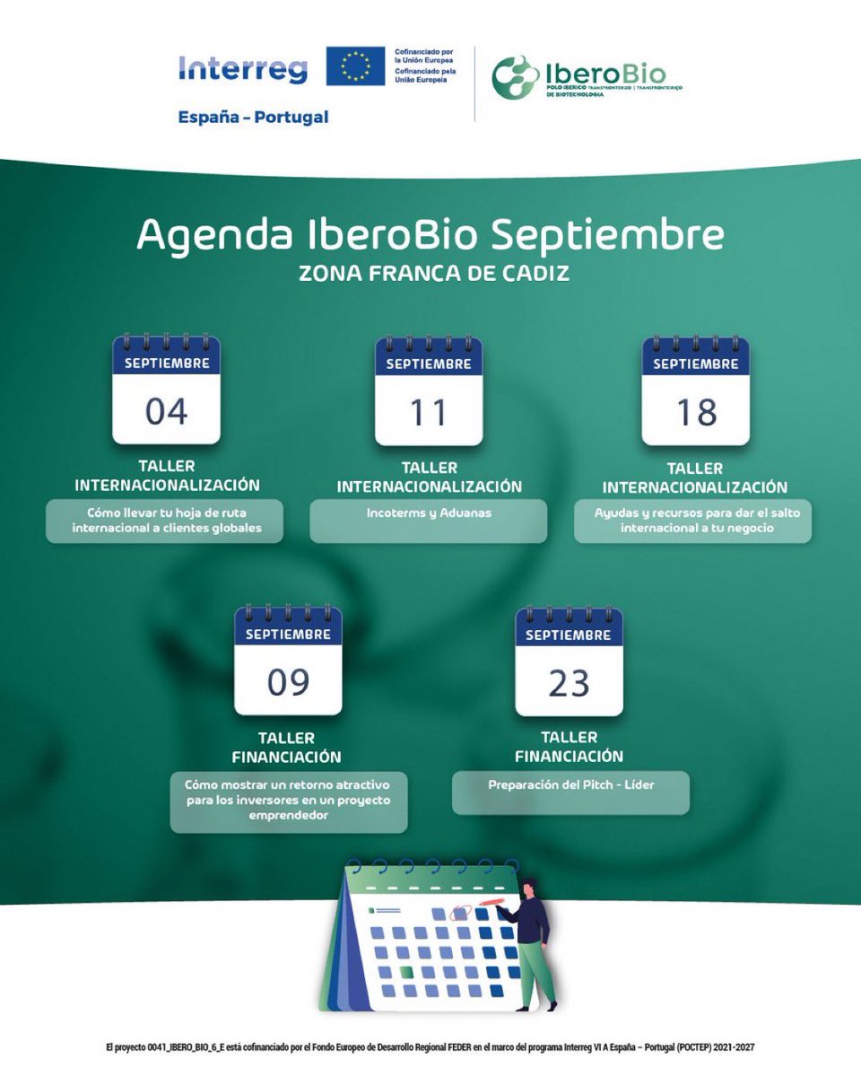 Fran_Gonzalez_P's tweet image. Desde la @ZFCadiz, en septiembre, tenemos varios talleres especializados diseñados para impulsar tu proyecto #biotech y ayudarte a dar el salto a mercados internacionales, dentro del proyecto #POCTEP #IberoBio. 

#Internacionalización

Inscríbete aquí.👇

iberobio.eu/aceleradora-bi…